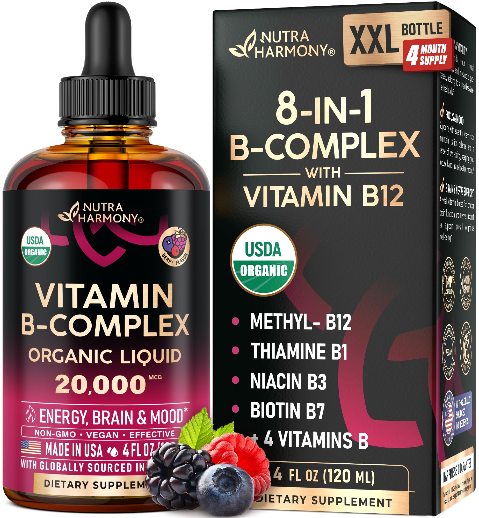 NutraHarmony B-Complex Drops bottle and dropper for easy daily dosing and steady energy support.