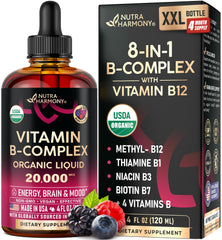 NutraHarmony B-Complex Drops bottle and dropper for easy daily dosing and steady energy support.