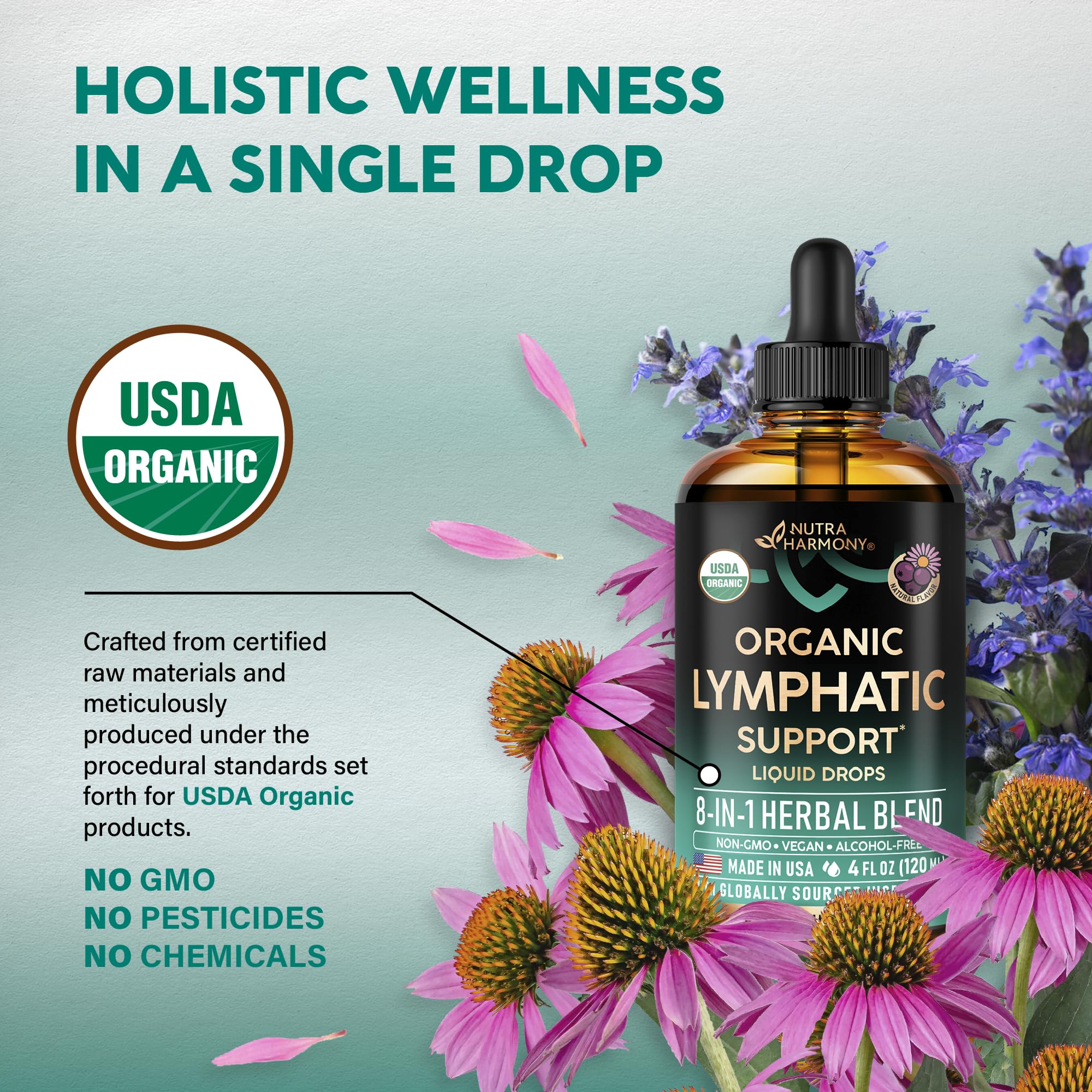 USDA Organic label on NutraHarmony lymph drops packaging.