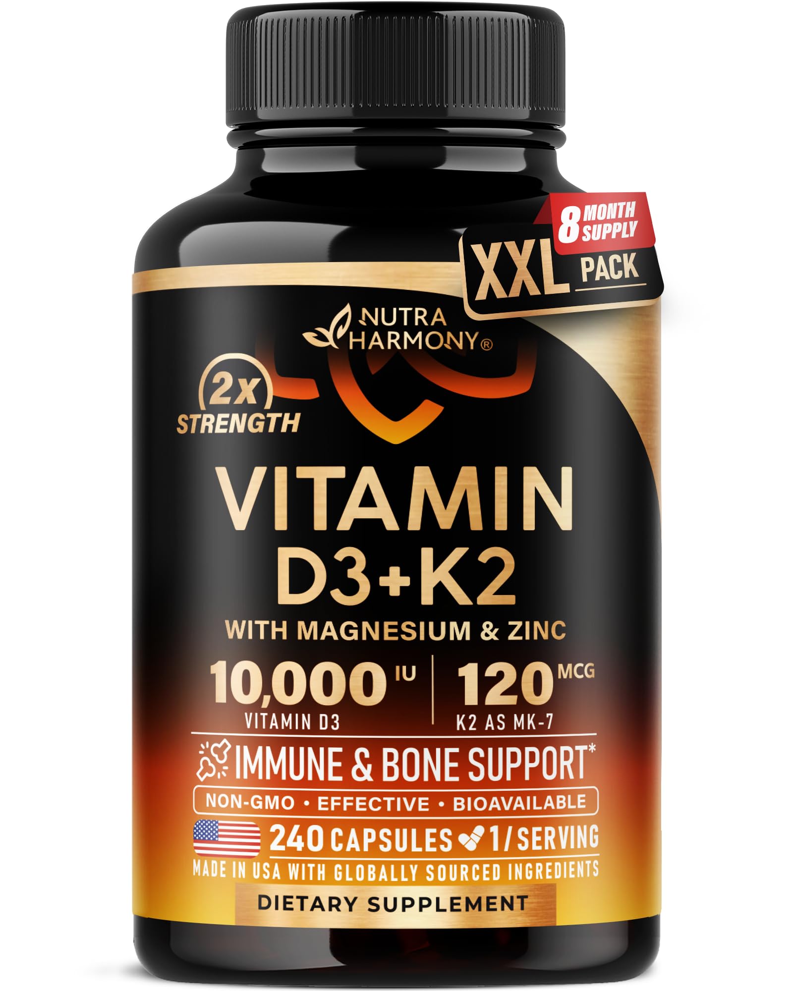 NutraHarmony Vitamin D3+K2 bottle with capsules supports bone health and immune wellness