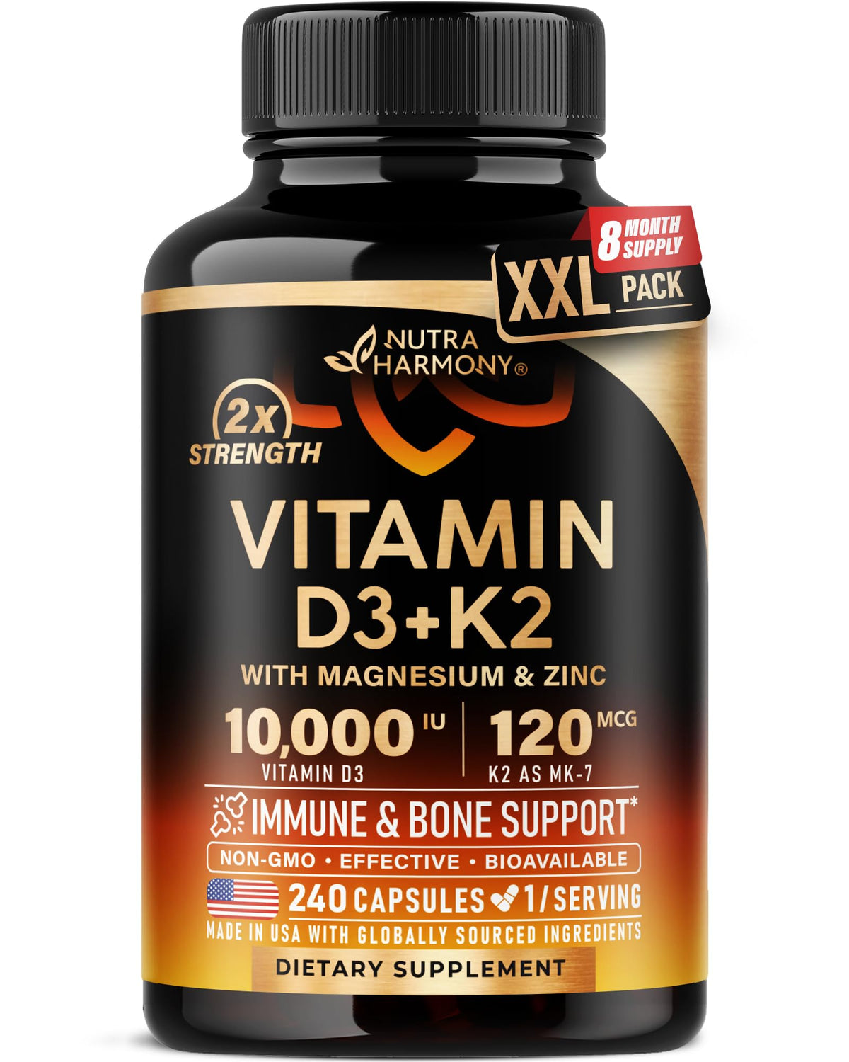 NutraHarmony Vitamin D3+K2 bottle with capsules supports bone health and immune wellness