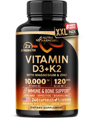 NutraHarmony Vitamin D3+K2 bottle with capsules supports bone health and immune wellness
