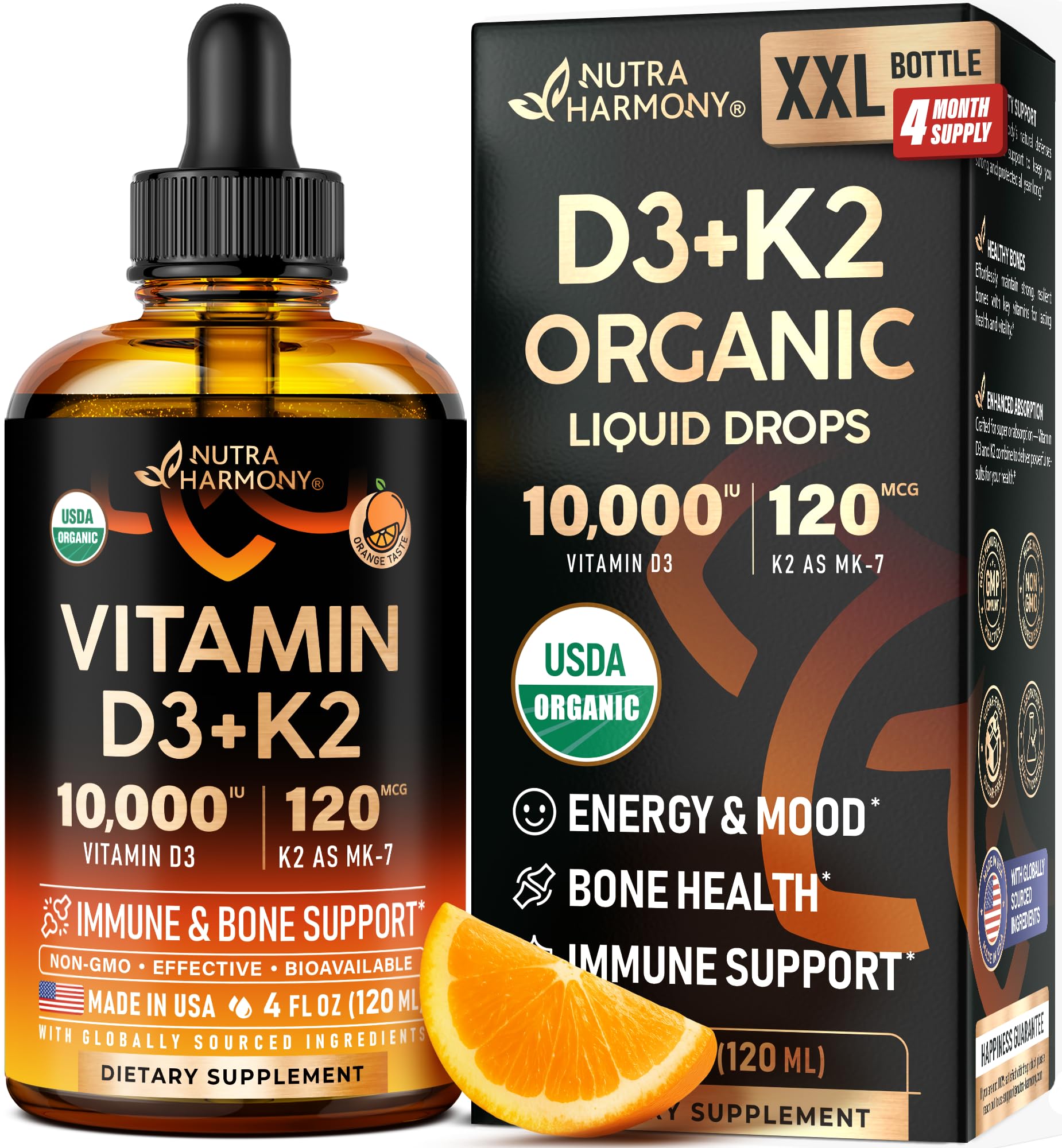 NUTRAHARMONY Vitamin D3 K2 drops bottle, premium organic supplement for daily bone support