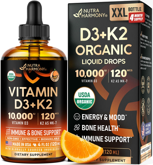 NUTRAHARMONY Vitamin D3 K2 drops bottle, premium organic supplement for daily bone support
