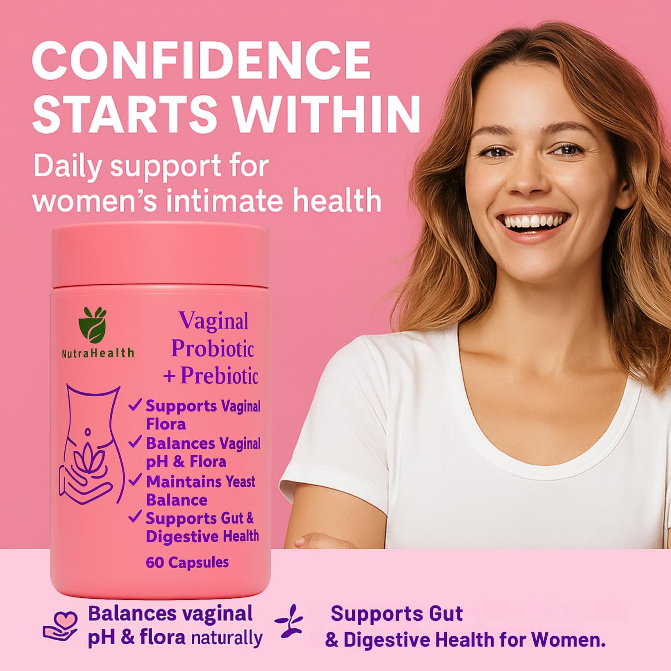 NutraHealth GR-1 RC-14 capsules close-up for vaginal balance.