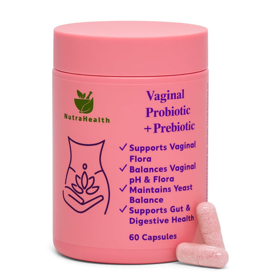 NutraHealth Vaginal Probiotic bottle front promoting balanced feminine health daily.
