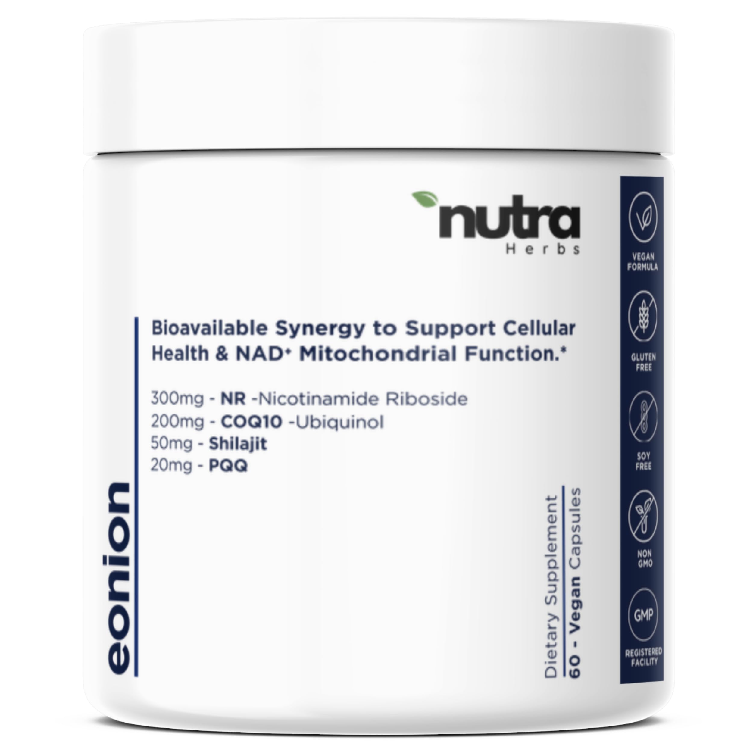 NutraHerbs NAD+ advanced formula bottle close-up for daily energy and vitality.