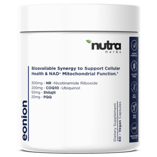 NutraHerbs NAD+ advanced formula bottle close-up for daily energy and vitality.