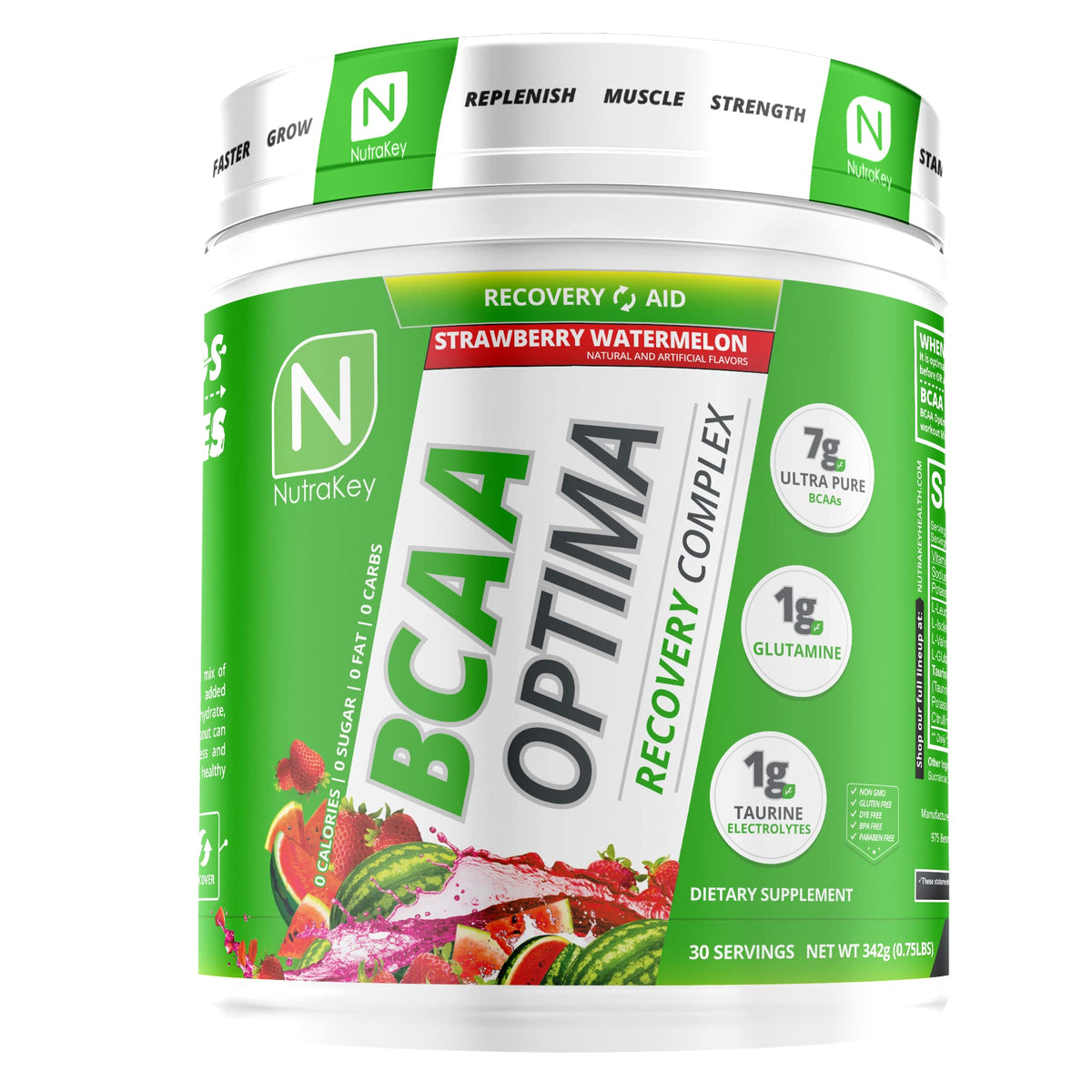 NutraKey BCAA Optima tub shown for post-workout recovery and hydration.