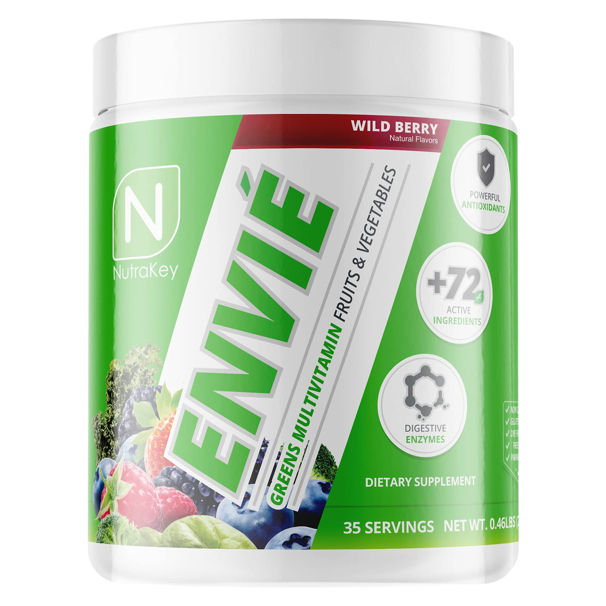 NutraKey Envie multivitamin powder in wild berry tub, supports daily nutrition and energy.