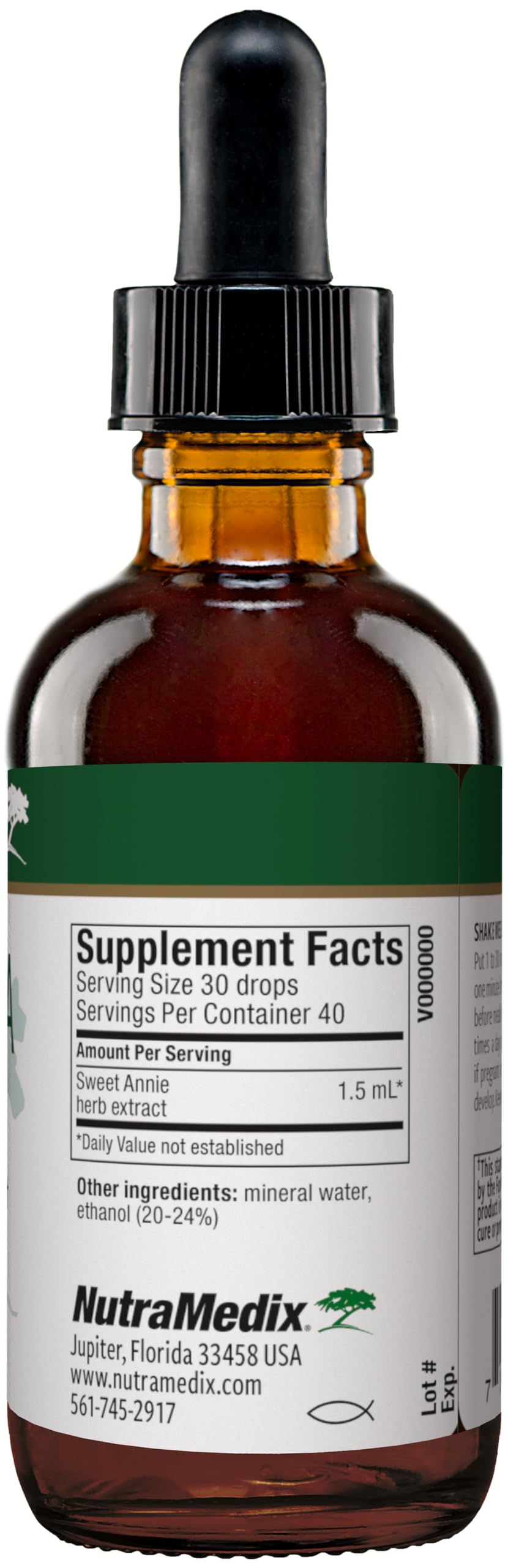 NutraMedix Artemisia Annua bottle pour demonstrates easy dosing and use.