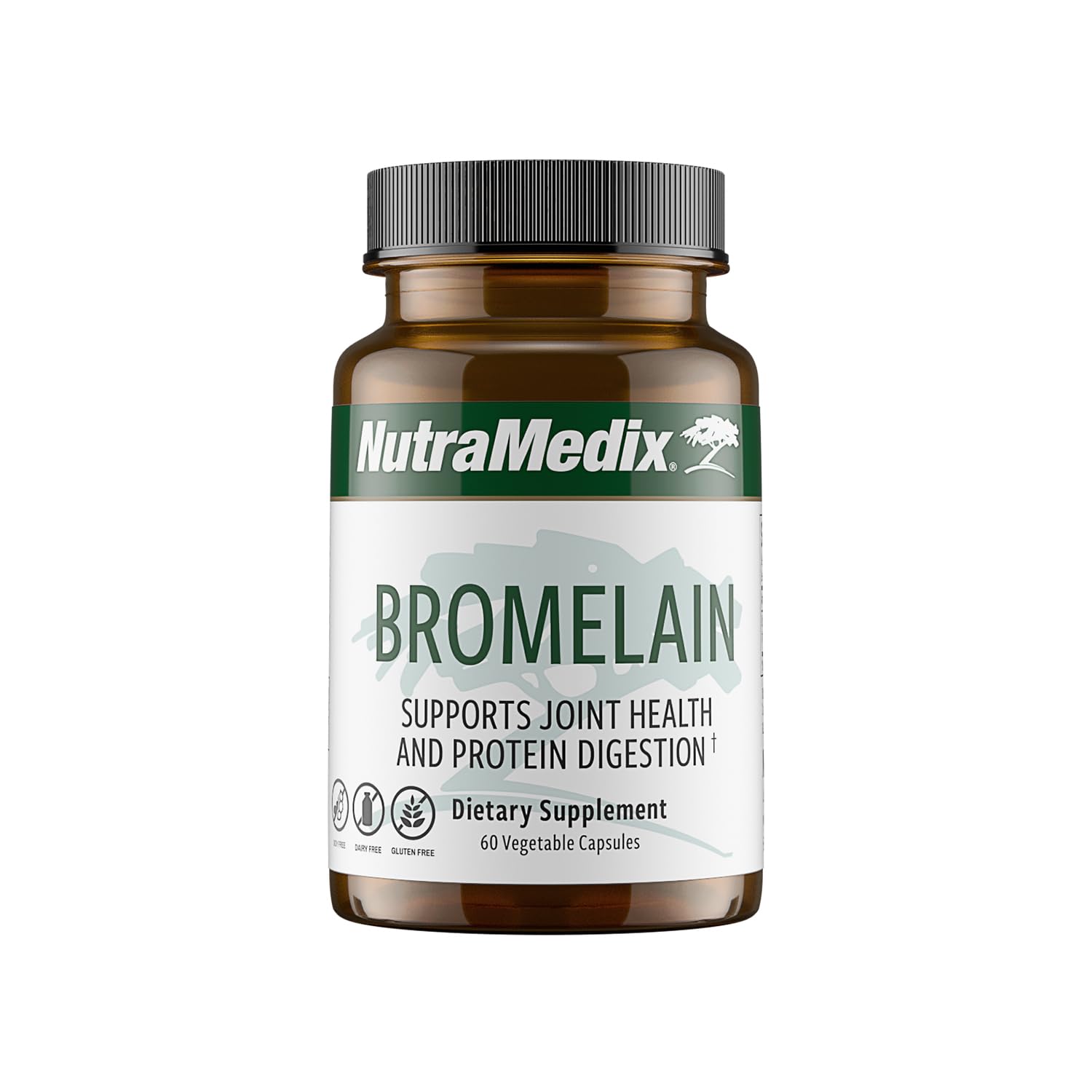 NutraMedix Bromelain capsules bottle on kitchen counter supports digestion.