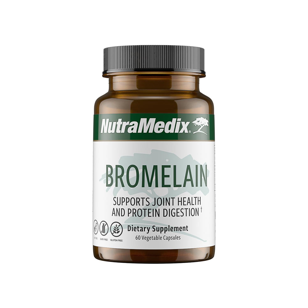 NutraMedix Bromelain capsules bottle on kitchen counter supports digestion.