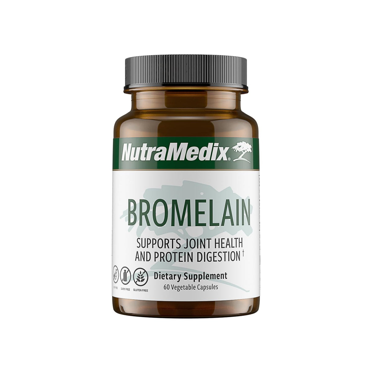 NutraMedix Bromelain capsules bottle on kitchen counter supports digestion.