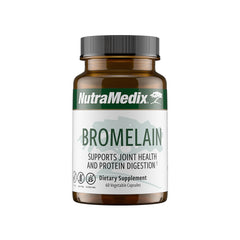 NutraMedix Bromelain capsules bottle on kitchen counter supports digestion.