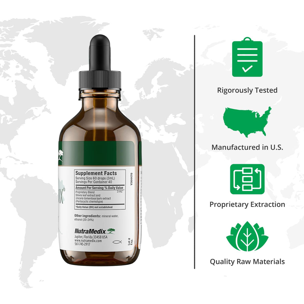 NutraMedix GlucoMedix bottle label up close, highlighting stevia and samento blend.