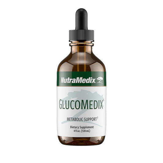 NutraMedix GlucoMedix bottle being poured for easy daily metabolic support.