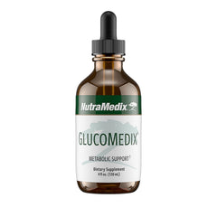 NutraMedix GlucoMedix bottle being poured for easy daily metabolic support.