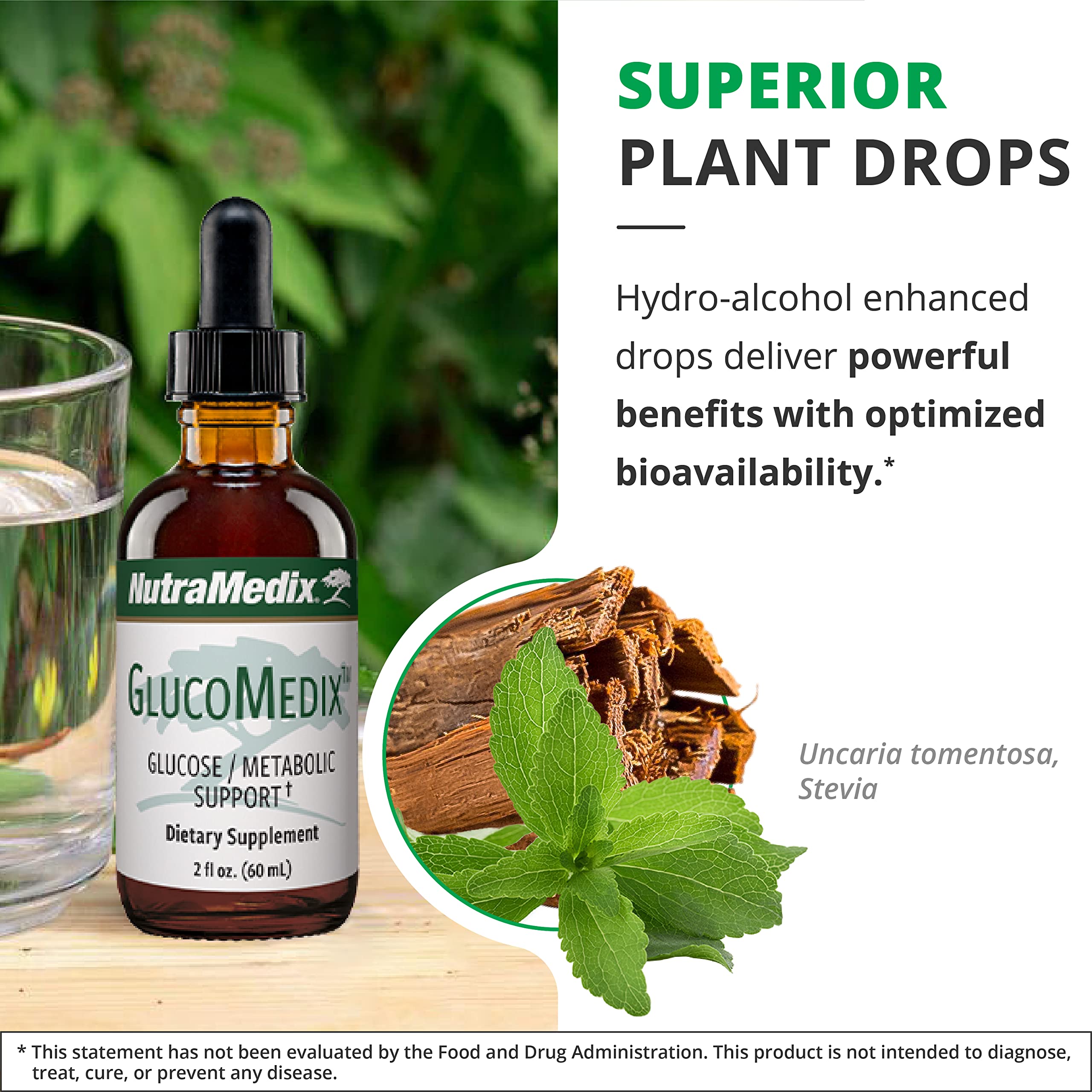 NutraMedix GlucoMedix bottle with herbs backdrop signaling immune balance and glucose wellness.