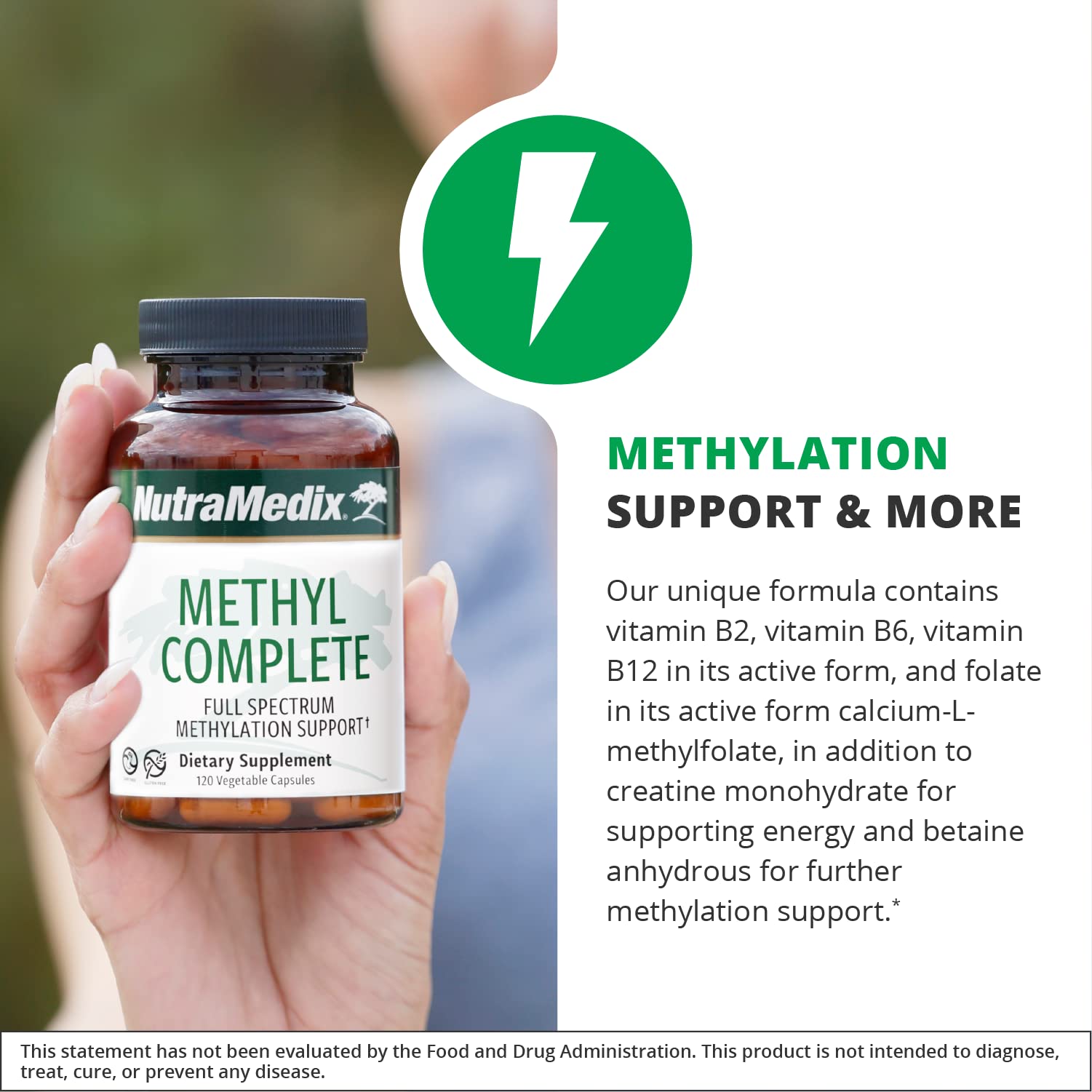 NutraMedix Methyl Complete capsules in hand suggest flexible dosing for morning or afternoon routines
