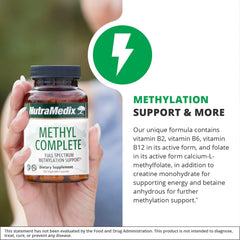 NutraMedix Methyl Complete capsules in hand suggest flexible dosing for morning or afternoon routines