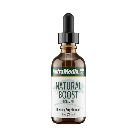 NutraMedix Natural Boost for Men bottle showing daily energy support.
