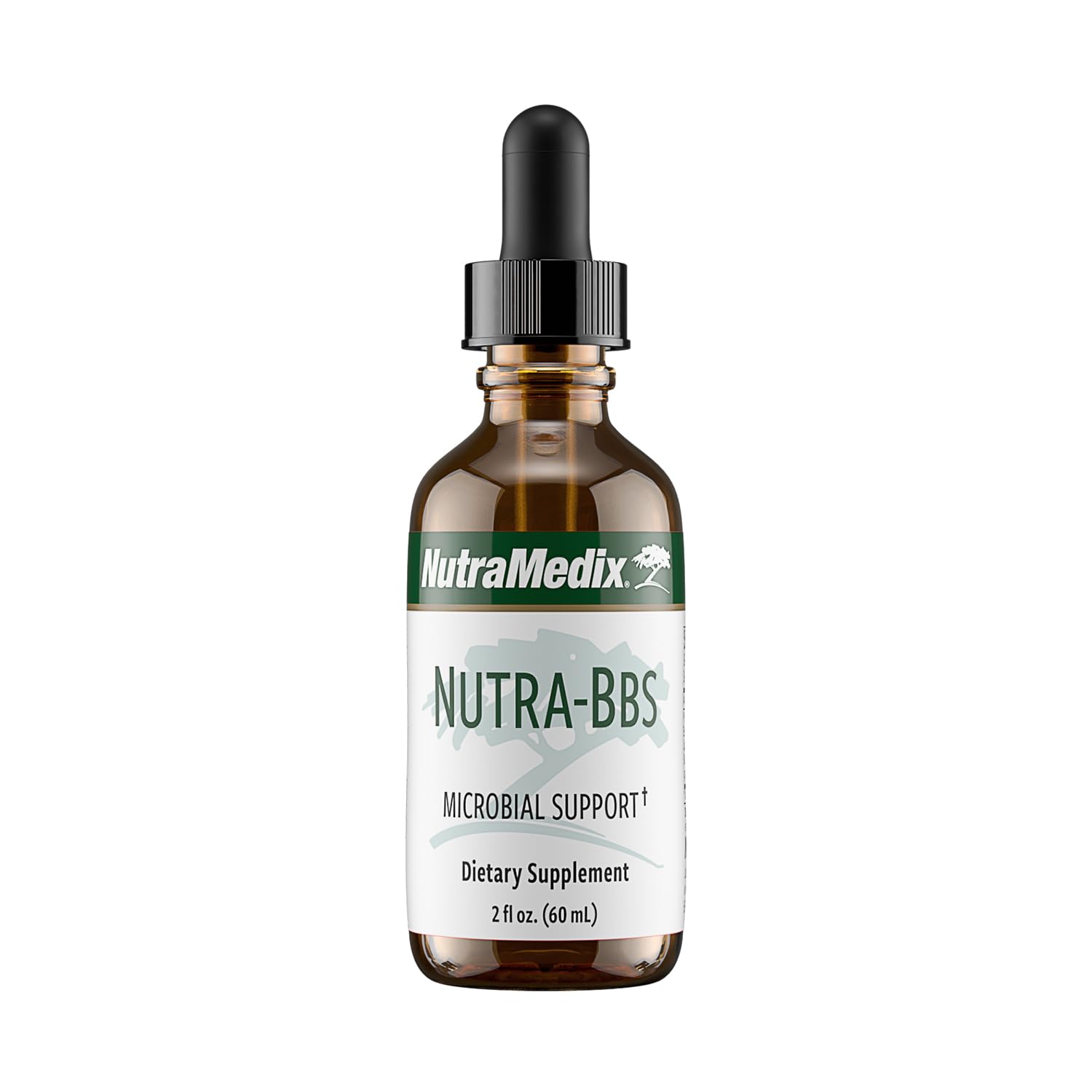 NutraMedix Nutra BBS bottle pours liquid herbal extract for digestive and immune support.