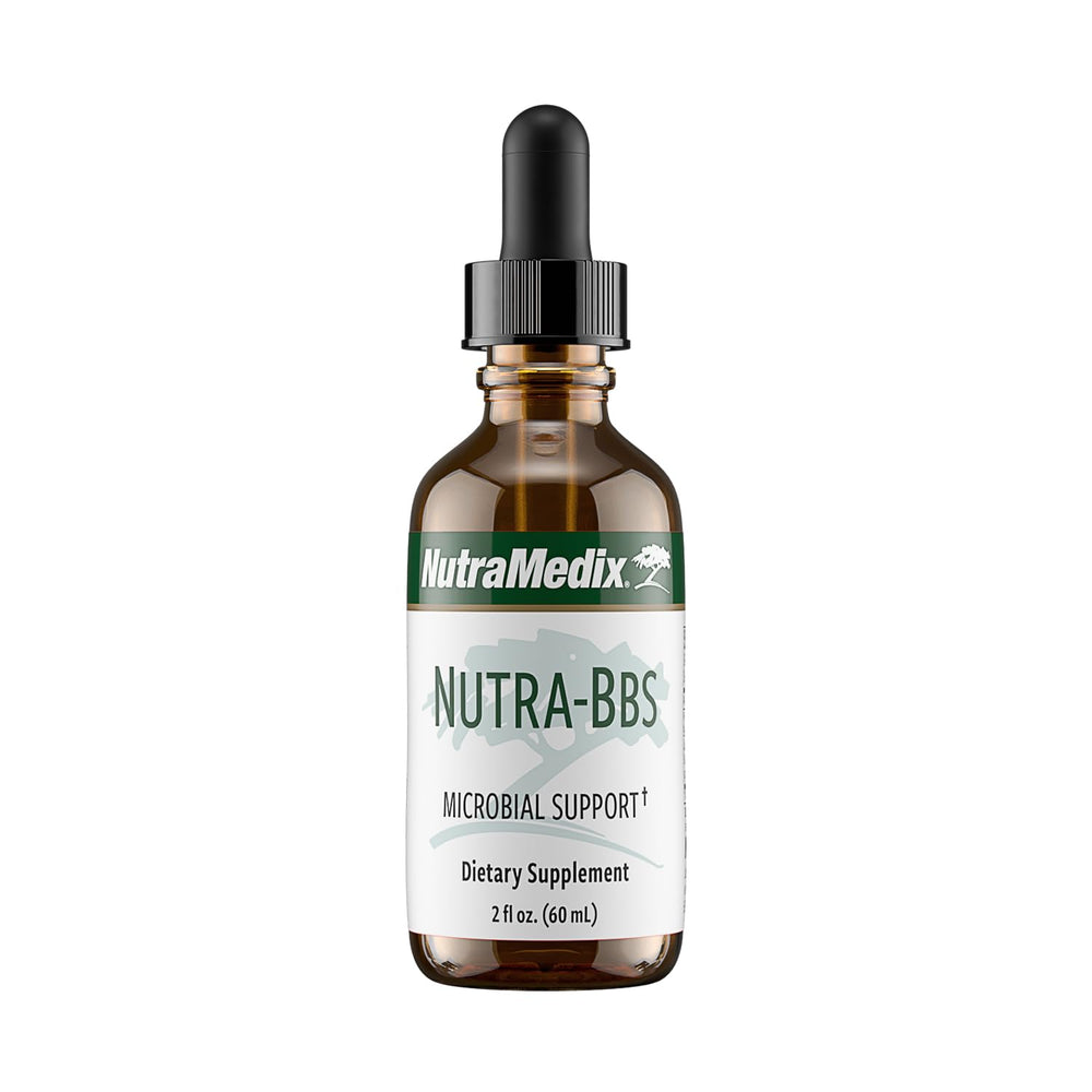 NutraMedix Nutra BBS bottle pours liquid herbal extract for digestive and immune support.
