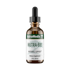 NutraMedix Nutra BBS bottle pours liquid herbal extract for digestive and immune support.