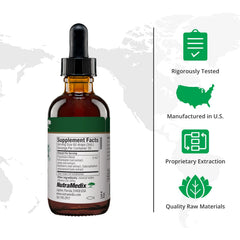 NutraMedix Nutra BBS bottle beside elecampane root highlights key herbal ingredients.