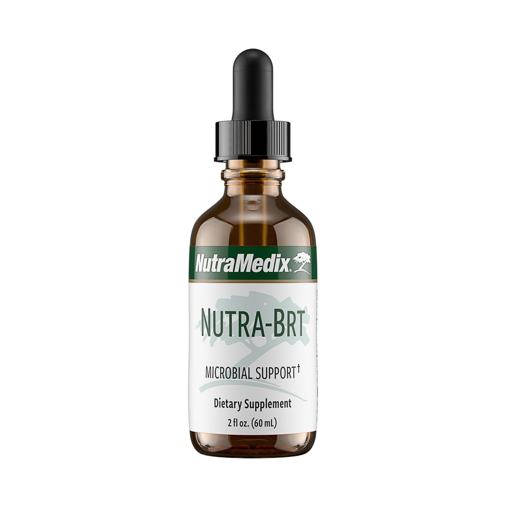 Nutramedix Nutra BRT bottle close-up for immune support and gut balance.