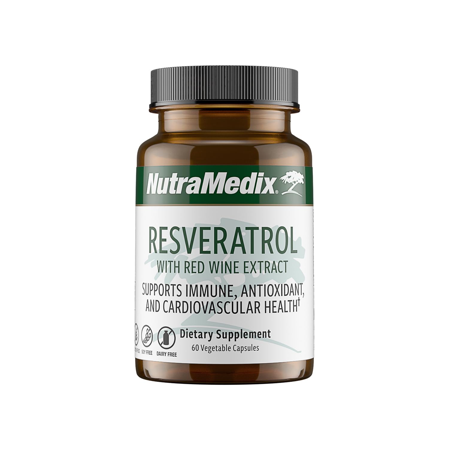 NutraMedix Resveratrol bottle label showing immune support and heart health emphasis
