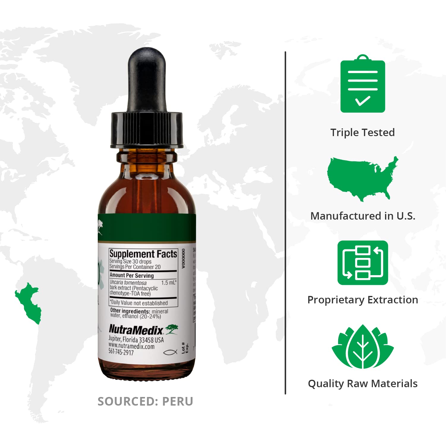 NutraMedix Samento bottle label closeup showing TOA-free Peruvian bark source.