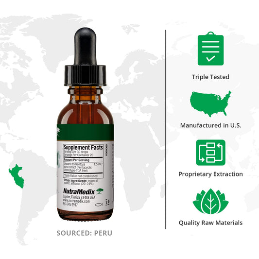 NutraMedix Samento bottle label closeup showing TOA-free Peruvian bark source.
