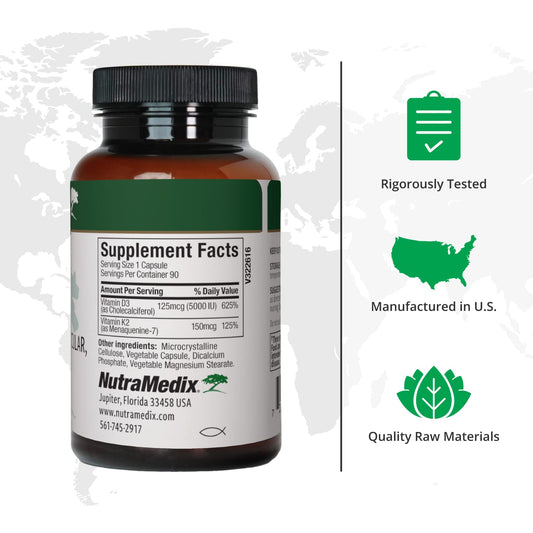 Close-up of NutraMedix D3 K2 capsules for daily use