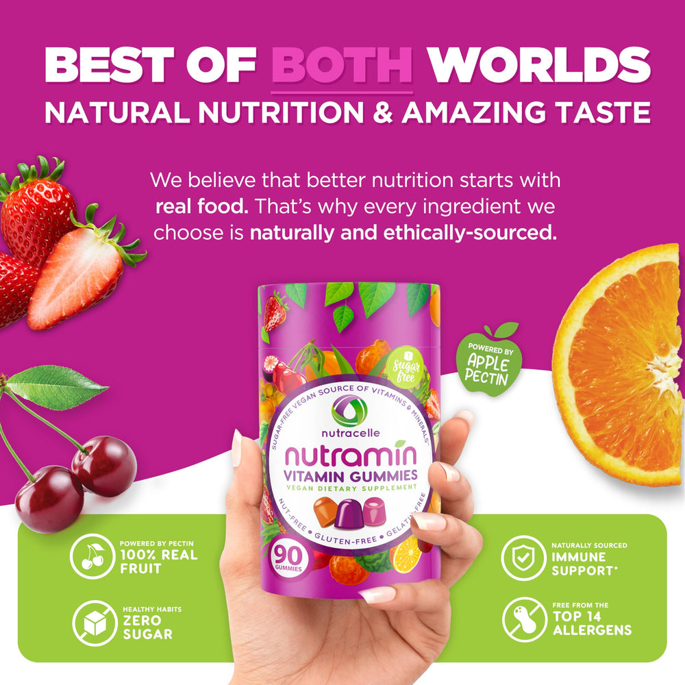 Nutramin gummies packaging emphasizes vitamin D and zinc for immune support.