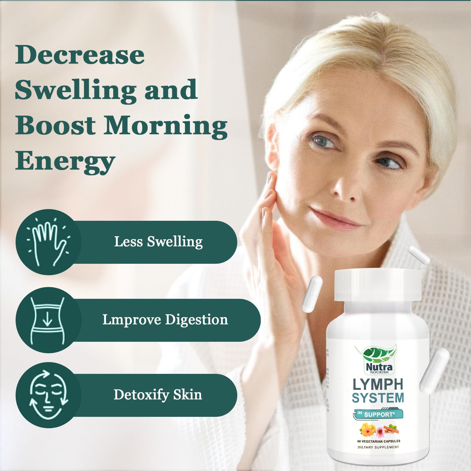 NutraNourish Lymphatic Drainage capsules being poured for easy daily use