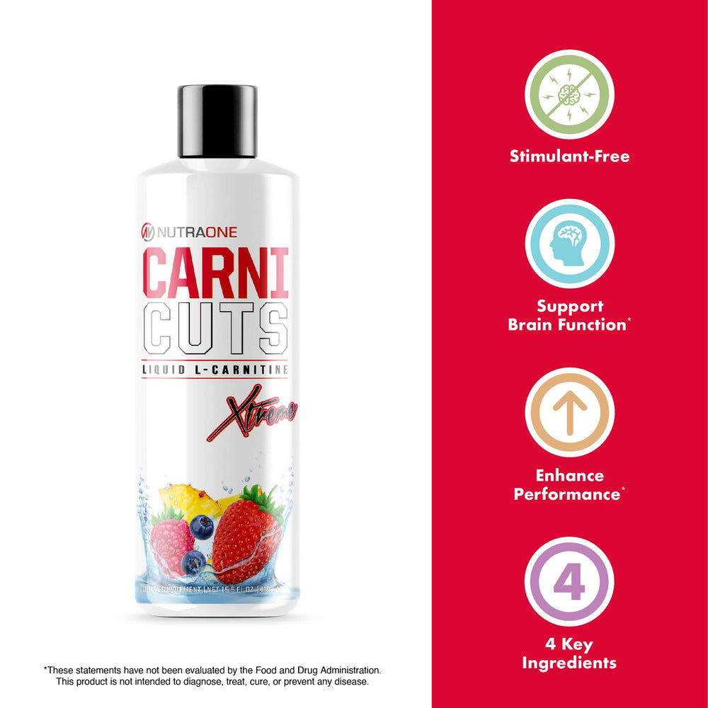 Ingredients panel on NutraOne CarniCuts Xtreme Pineapple packaging showing Paradoxine and L-Carnitine.