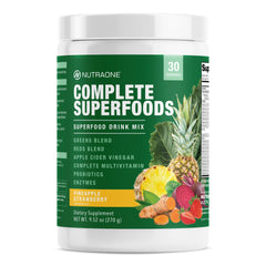 NutraOne Complete Superfoods bottle front showing greens and reds blend for daily nutrition