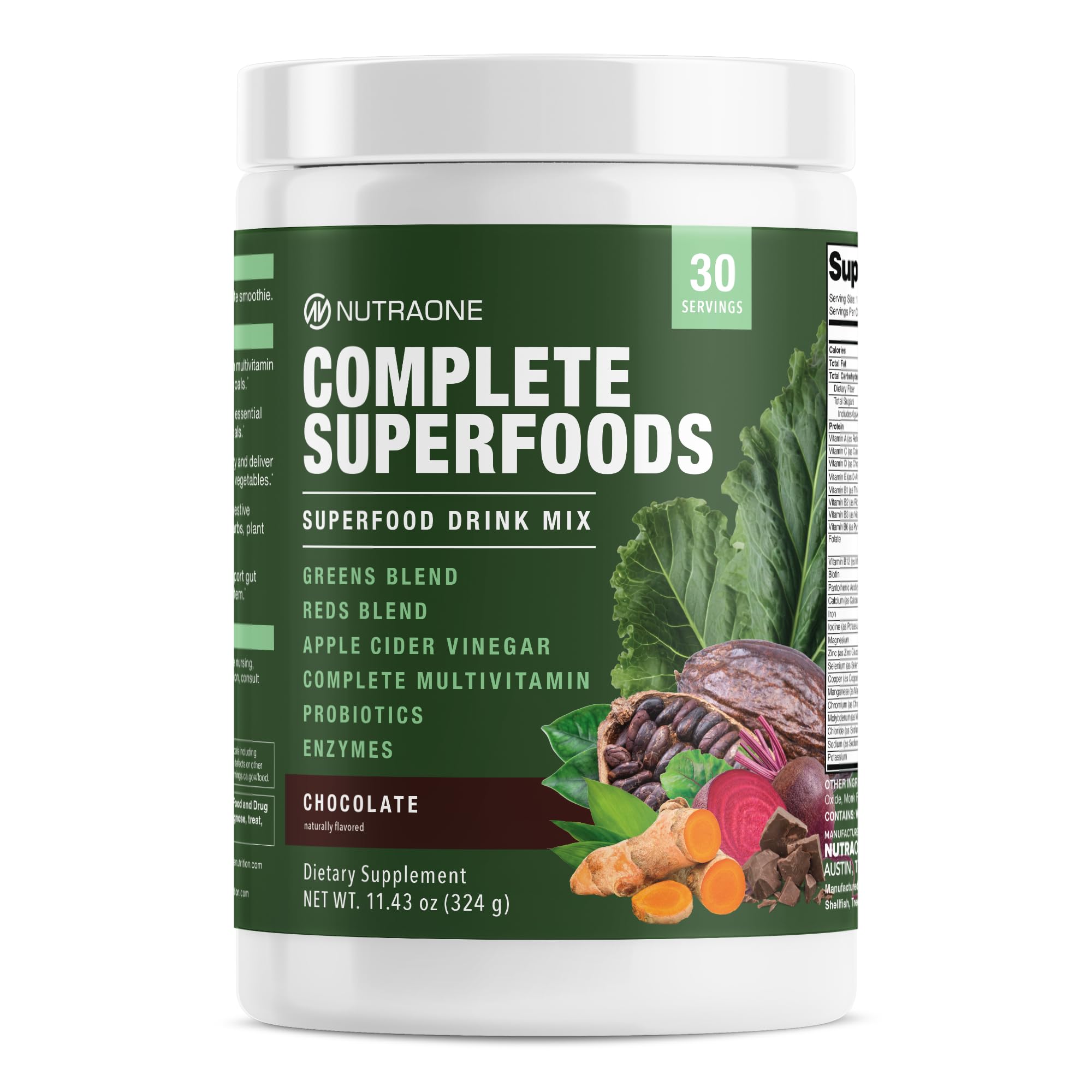 NutraOne Complete Superfoods greens-reds bottle offers convenient daily nutrition with natural greens and reds.