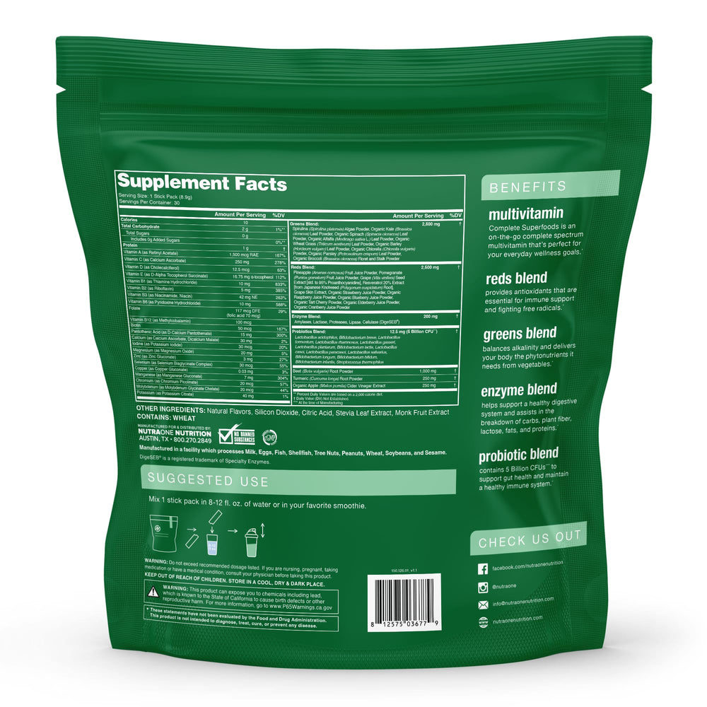 NutraOne greens-reds blend powder highlighting phytonutrients for everyday vitality.