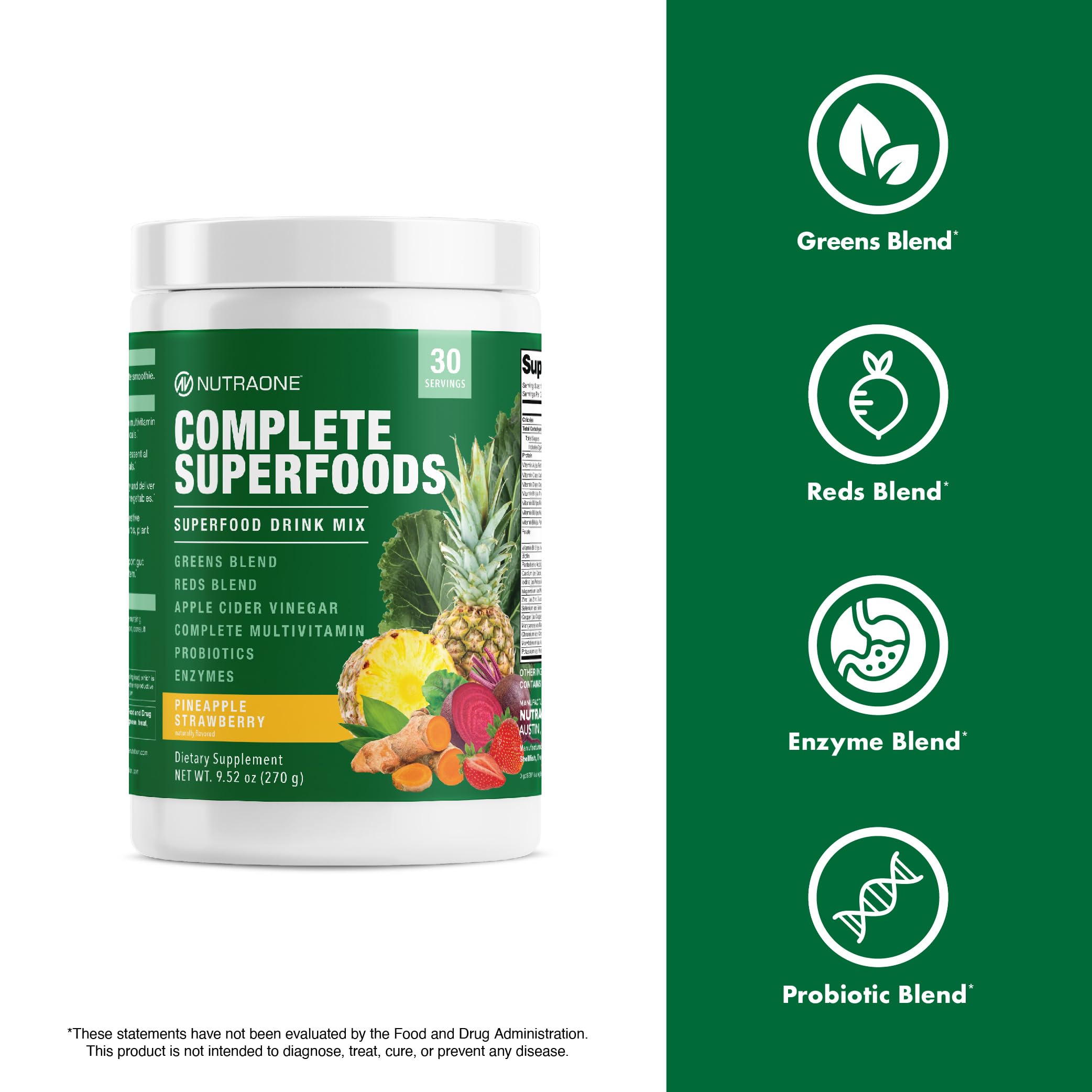 NutraOne Complete Superfoods ingredients close-up showing greens, reds, and enzymes