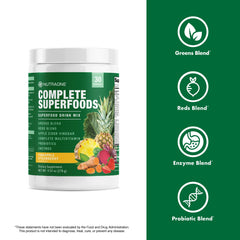 NutraOne Complete Superfoods ingredients close-up showing greens, reds, and enzymes