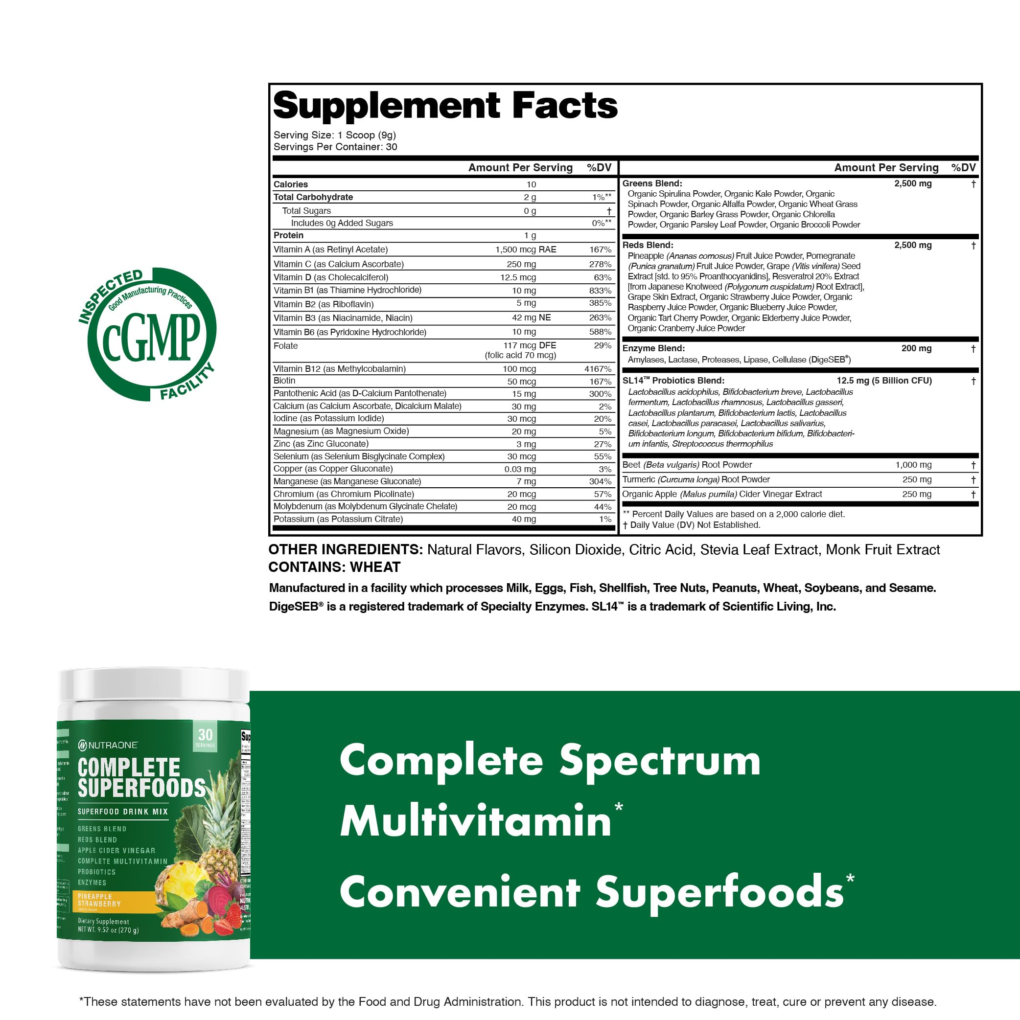 NutraOne Complete Superfoods label close-up highlighting probiotic and vitamin blends