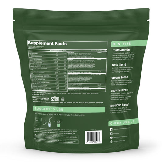 NutraOne Complete Superfoods stick pack displayed on a counter for on-the-go nutrition.