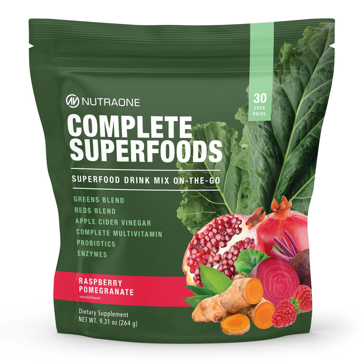 NutraOne Complete Superfoods stick pack for on-the-go nutrition and daily greens boost.