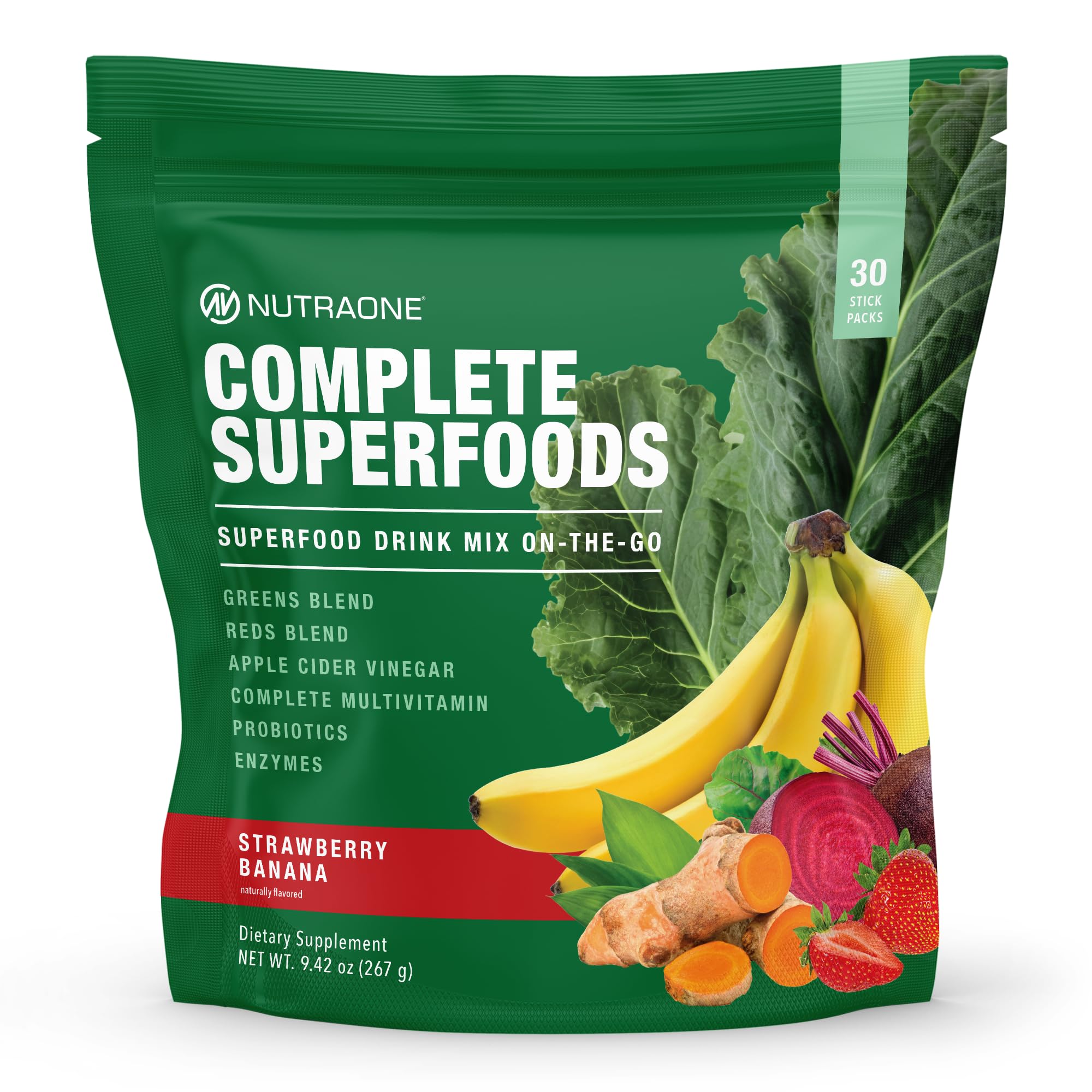 NutraOne Complete Superfoods strawberry banana stick pack for convenient daily nourishment.