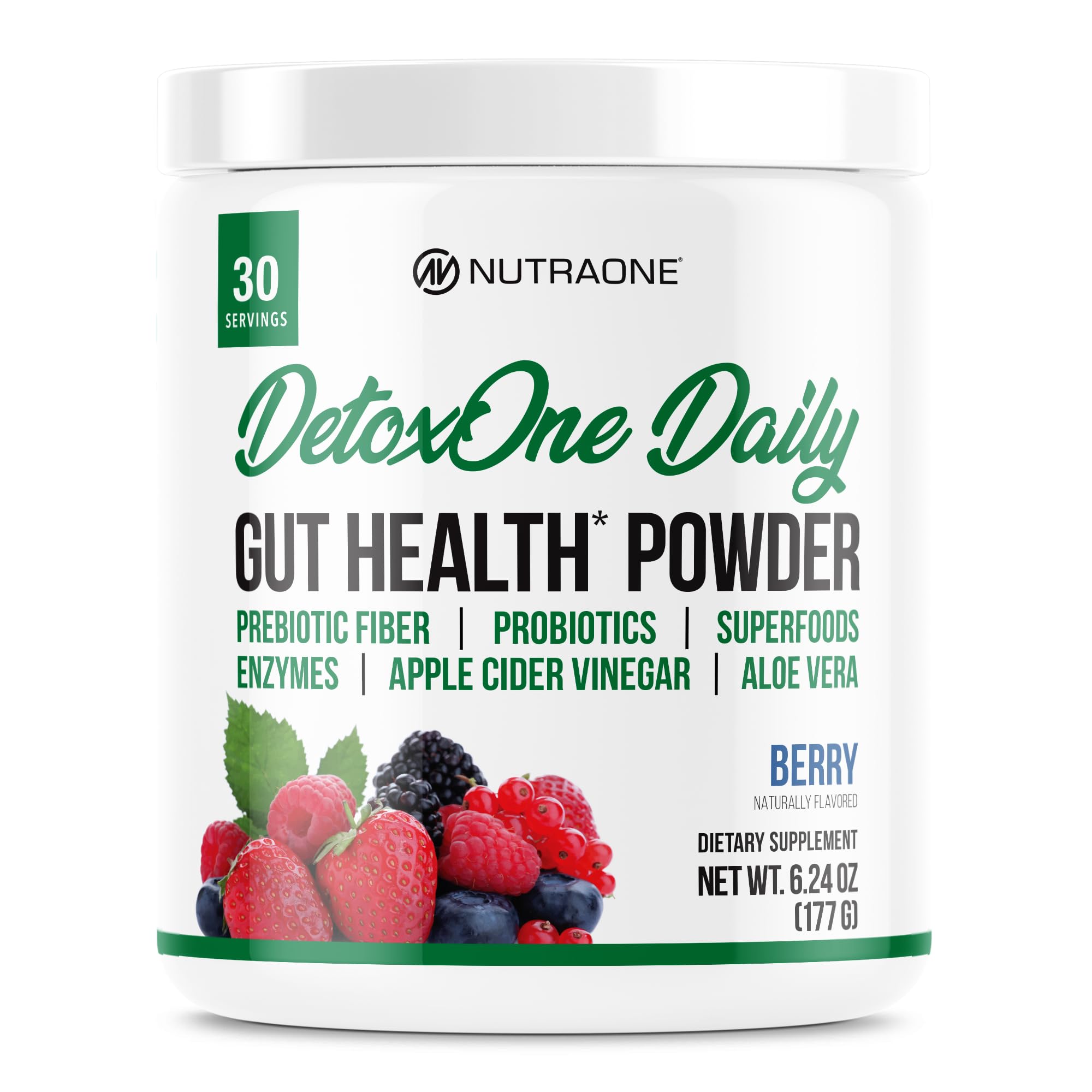 NutraOne DetoxOne Daily bottle highlighting gut health support.