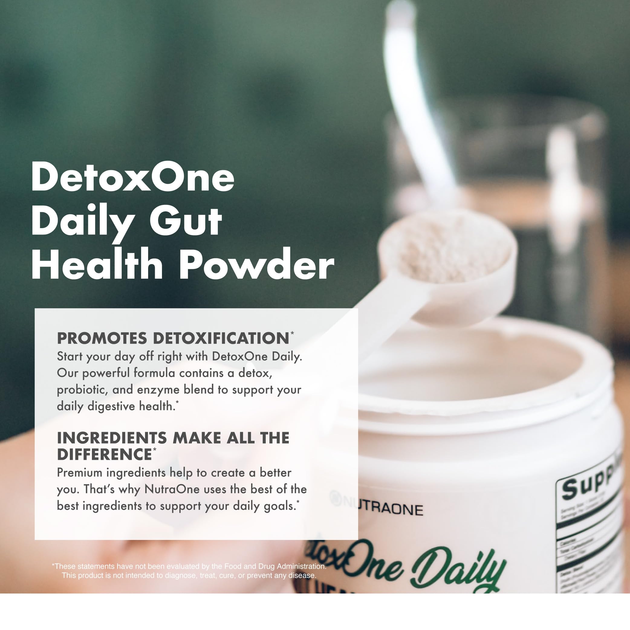 DetoxOne Daily powder being mixed in a glass for convenience.