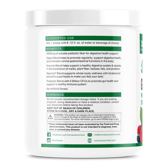 Close-up of DetoxOne Daily label for digestive wellness.